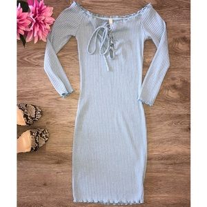 Blue Kylie Dress, Bardot Sleeve off-shoulder